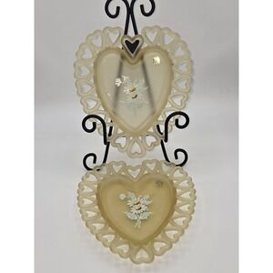 Westmoreland Vintage Yellow Satin Hand Painted Daisy Glass Heart Dish Set of 2